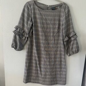 Gabby Skye Plaid Shift Dress Women 8 Grey Blue Ruffle Sleeve Glen Check Zipper